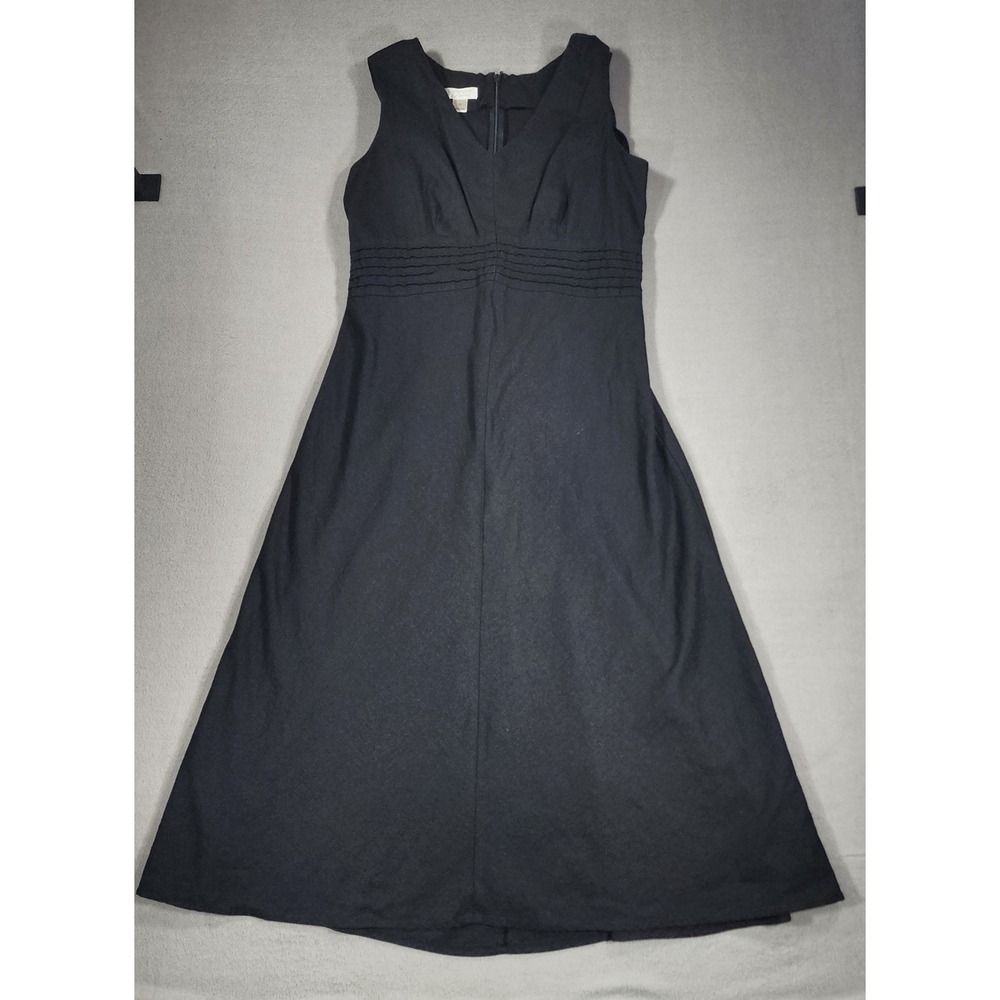 Christopher & Banks Black Linen Blend Sleeveless Midi Dress V Neck Sz 10 Pintuck